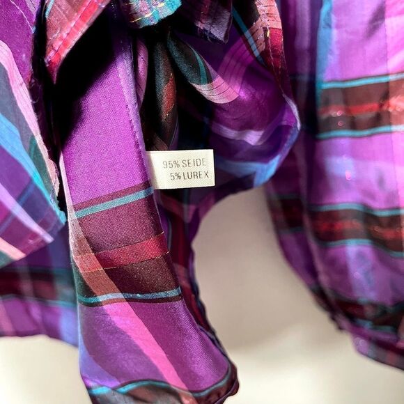 100% Silk Plaid High Neck Button Front Shirt 3X - Picture 6 of 8